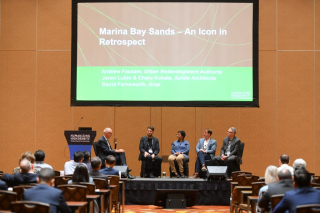 A panel discussion on Marina Bay Sands was moderated by David Scott, Engineering Director, Laing O'Rourke, and had panelists Jaron Lubin, Partner, Safdie Architects; Charu Kokate, Partner & Director, Safdie Architects; David Farnsworth, Principal and Property Market Leader, Arup; and Andrew David Fassam, Senior Director, Urban Redevelopment Authority (URA).