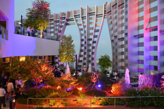 The Opening Networking Reception at the 2023 CTBUH International Conference, kindly sponsored by Surbana Jurong and hosted by CapitaLand, took place at CapitaSpring, a 276-meter-tall office and hotel building, with spectacular green spaces on both the rooftop and at the tower’s midpoint.